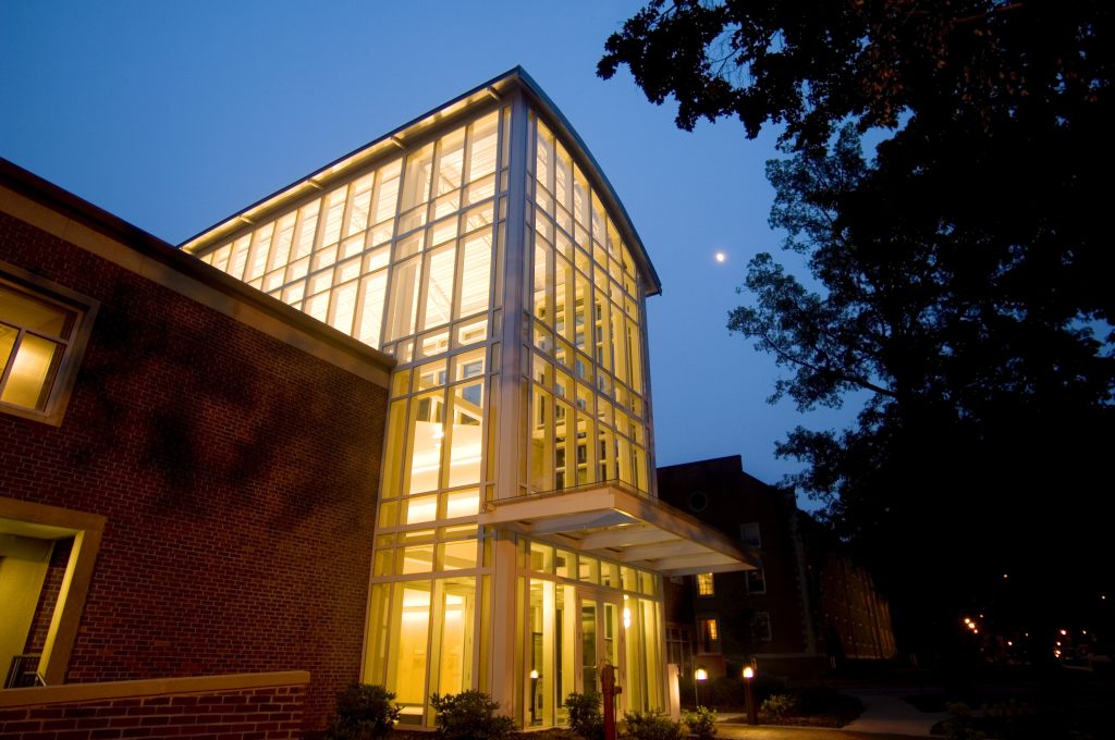Exterior view of Gove Student Health Center at night